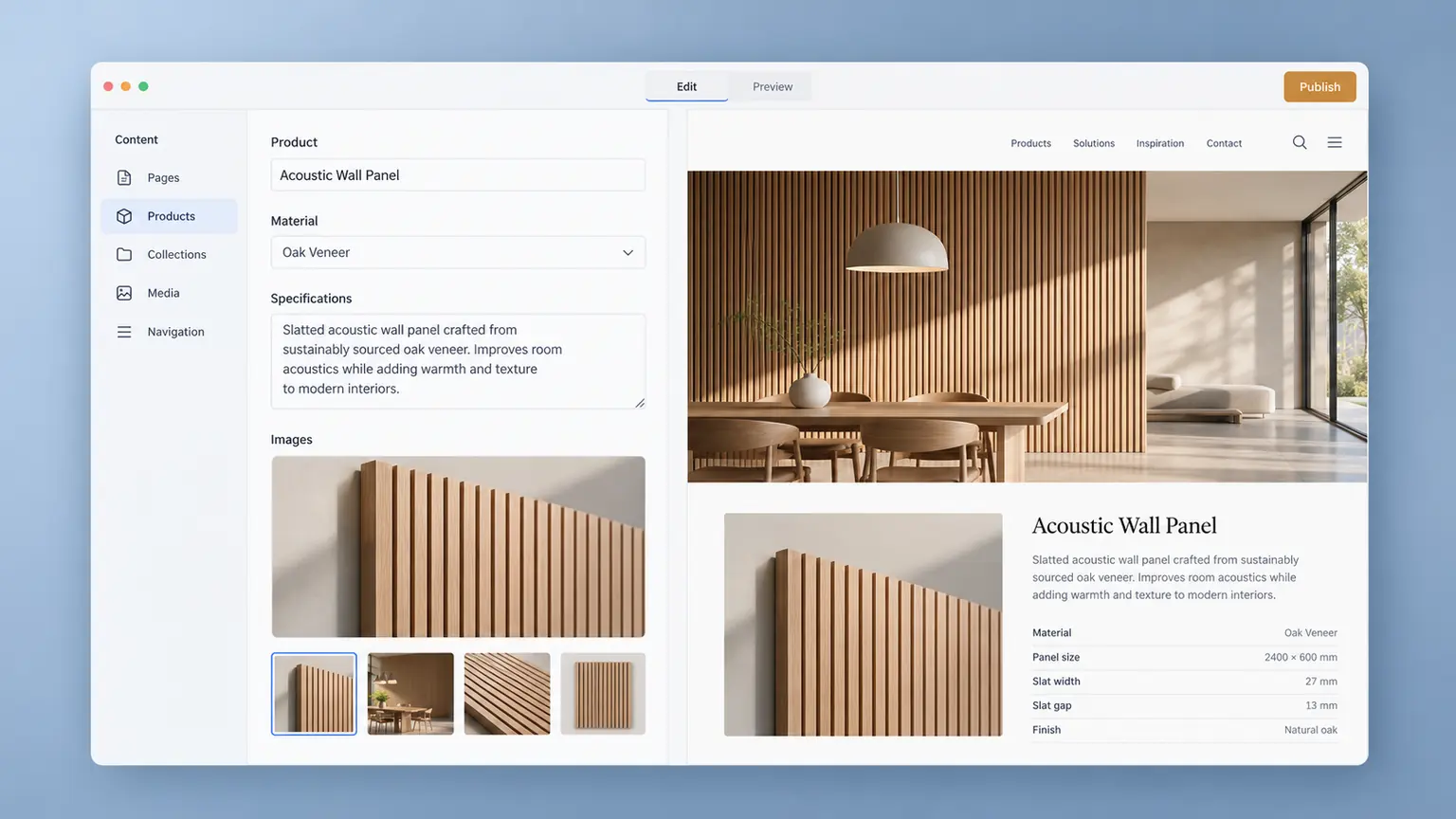 Content editor and live preview of an acoustic panel product page