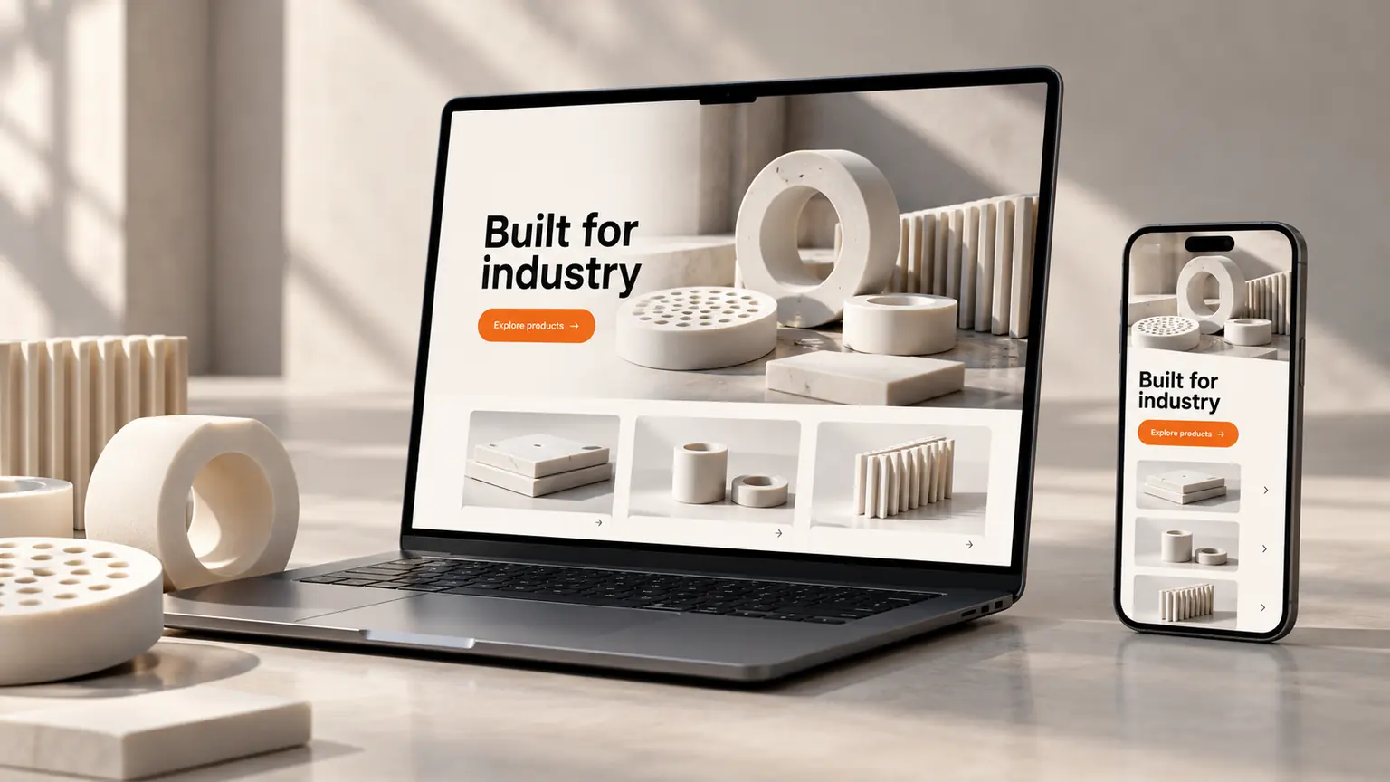 Laptop and phone showing a manufacturing website with ceramic products