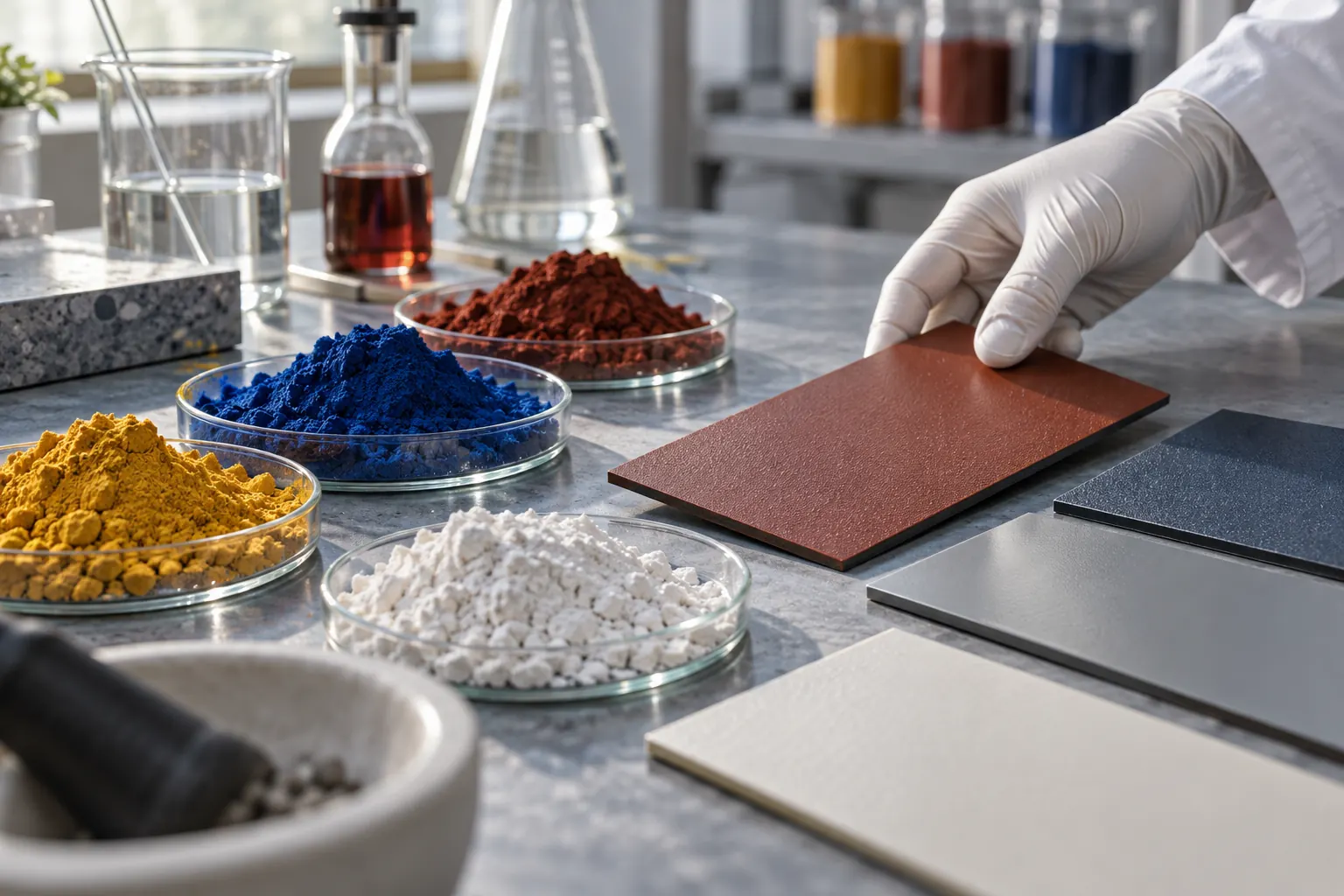 Campioni di pigmenti e pannelli di prova per rivestimenti in un laboratorio di materiali industriali