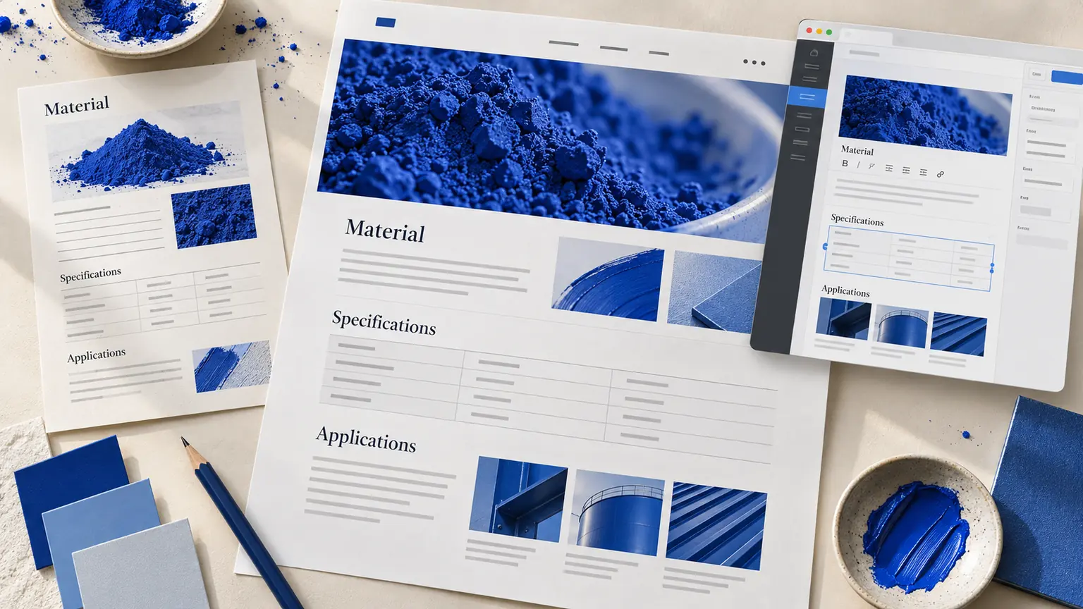 Technische Unterlagen neben Website-Editor und Seitenentwurf