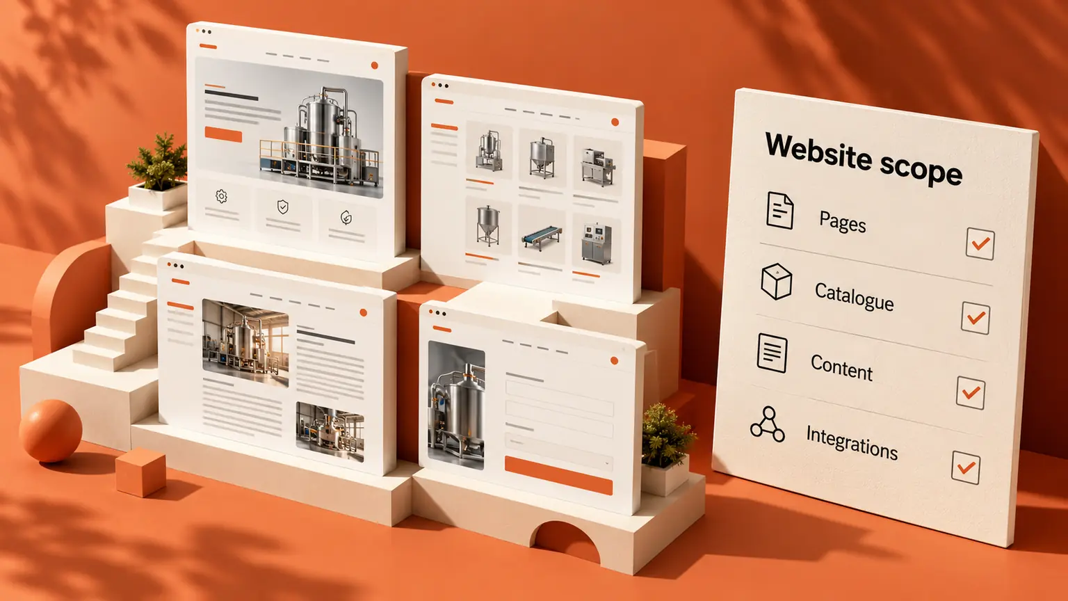 Website page models beside a scope checklist