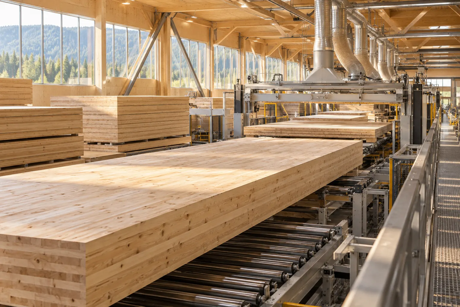 Grandi travi di legno ingegnerizzato in movimento in un moderno stabilimento del legno