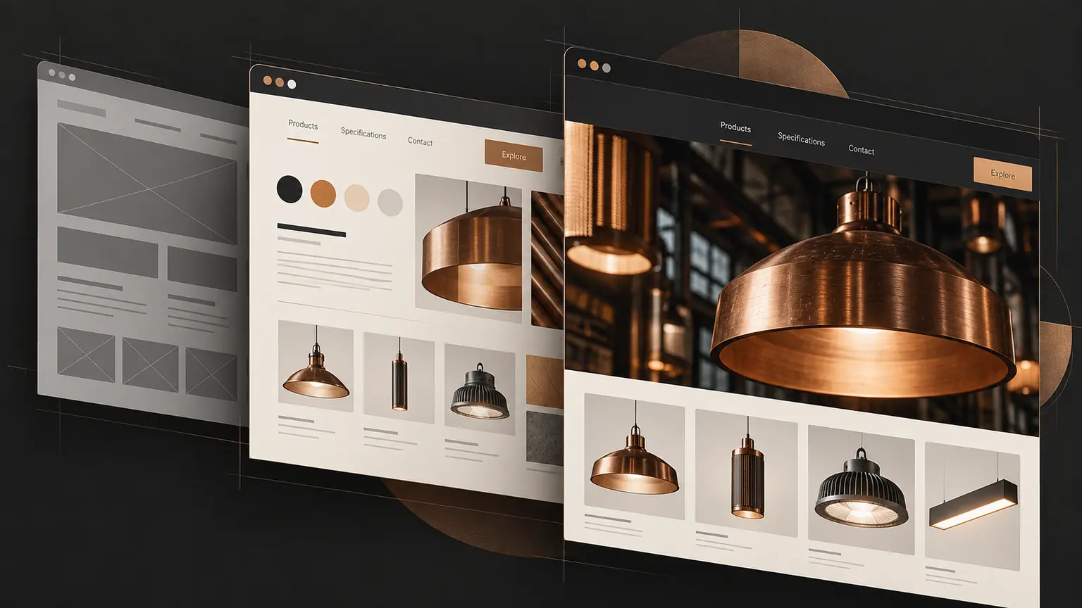 Website wireframe, design components and completed product pages