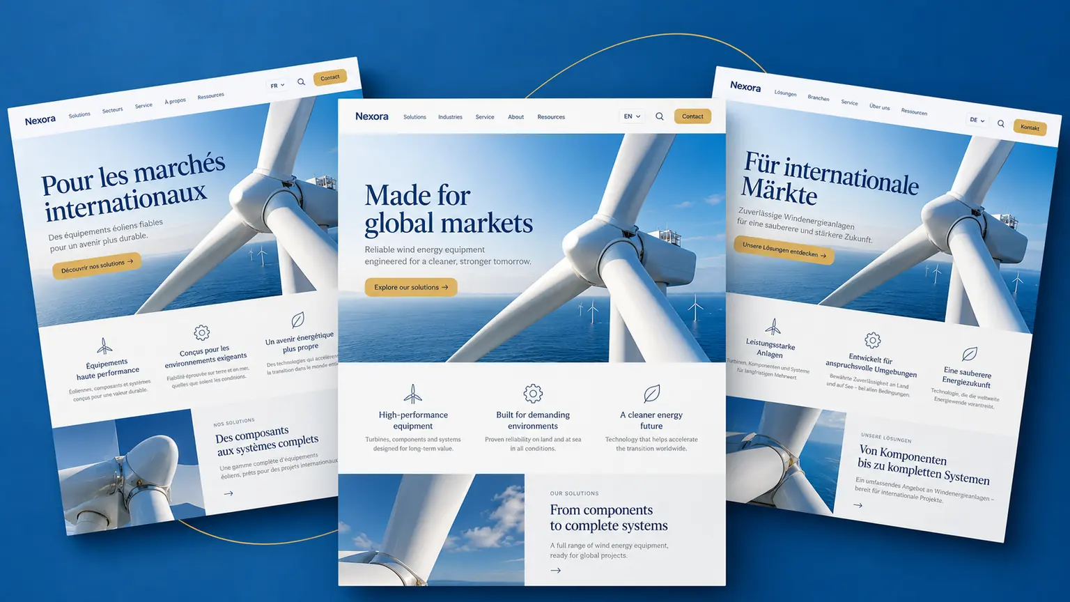 Englische, französische und deutsche Version einer Website für erneuerbare Energien