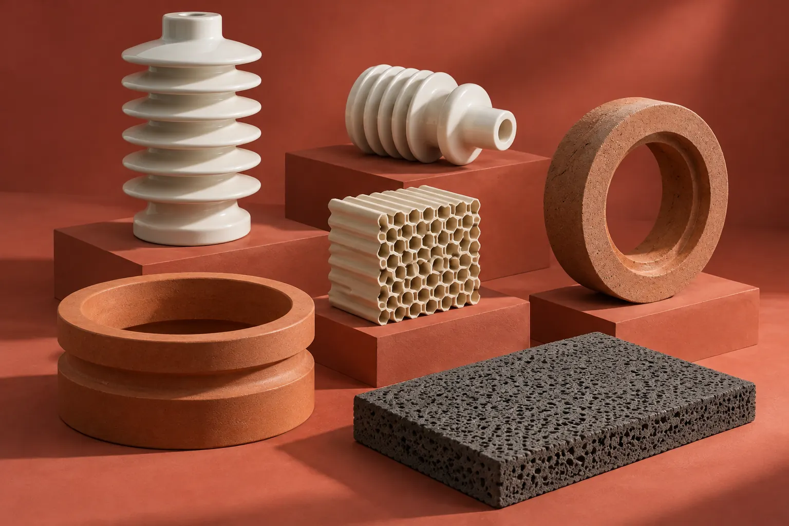 Componenti in ceramica tecnica disposti per forma e materiale su una superficie da studio