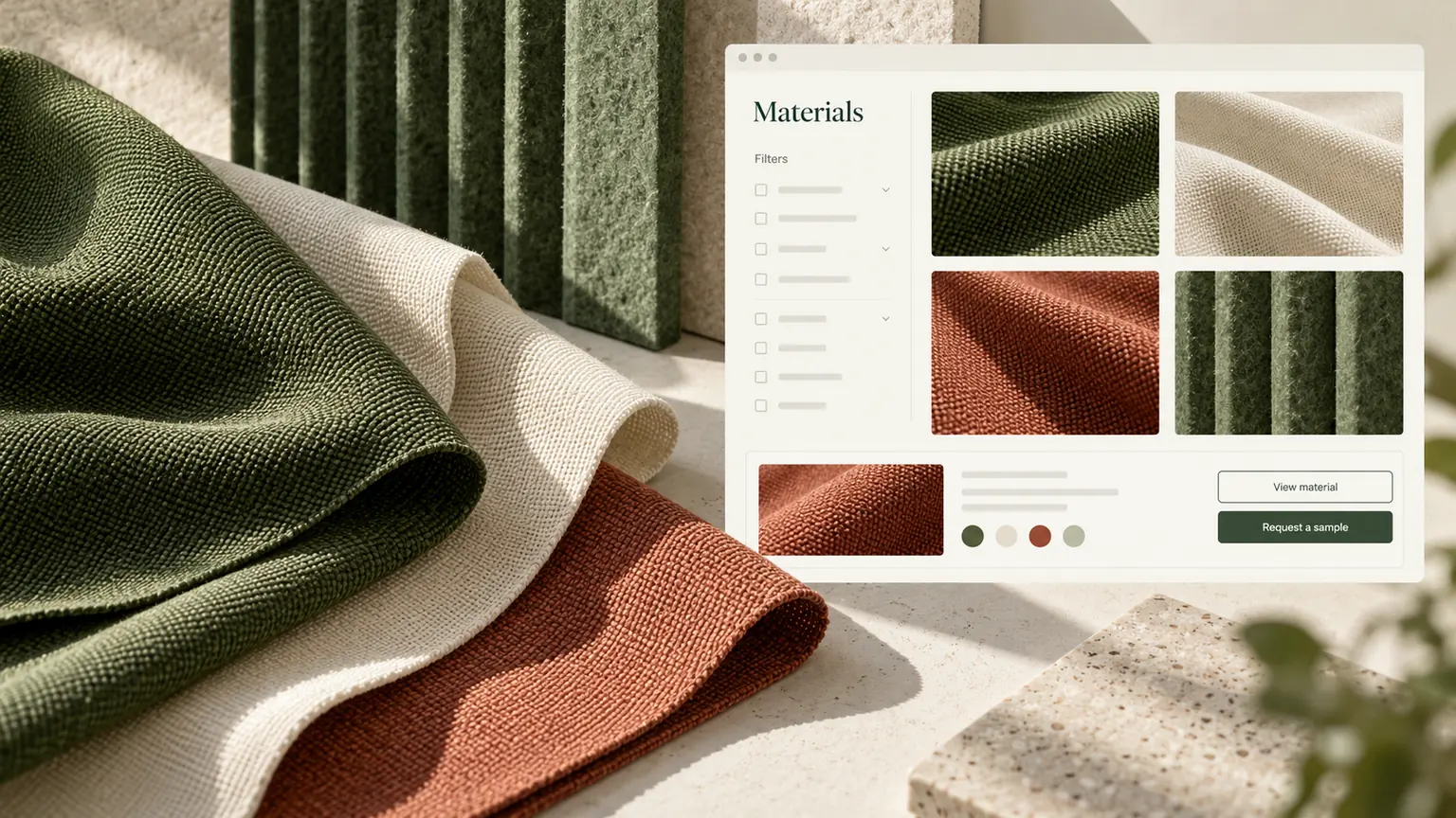 Textile samples beside a matching product catalogue interface