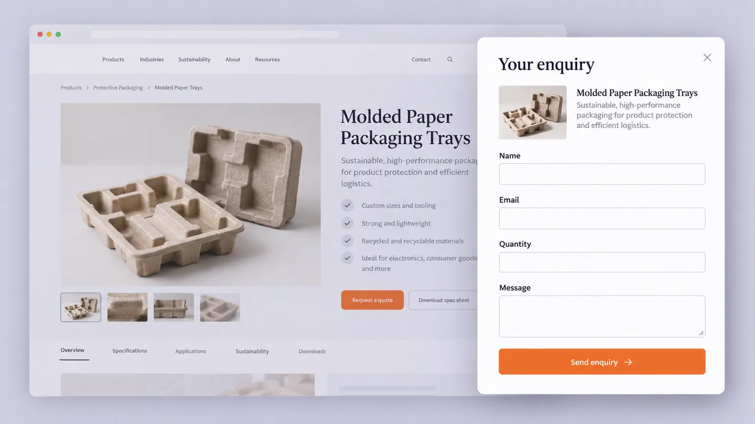 Product page and enquiry form carrying the selected packaging item