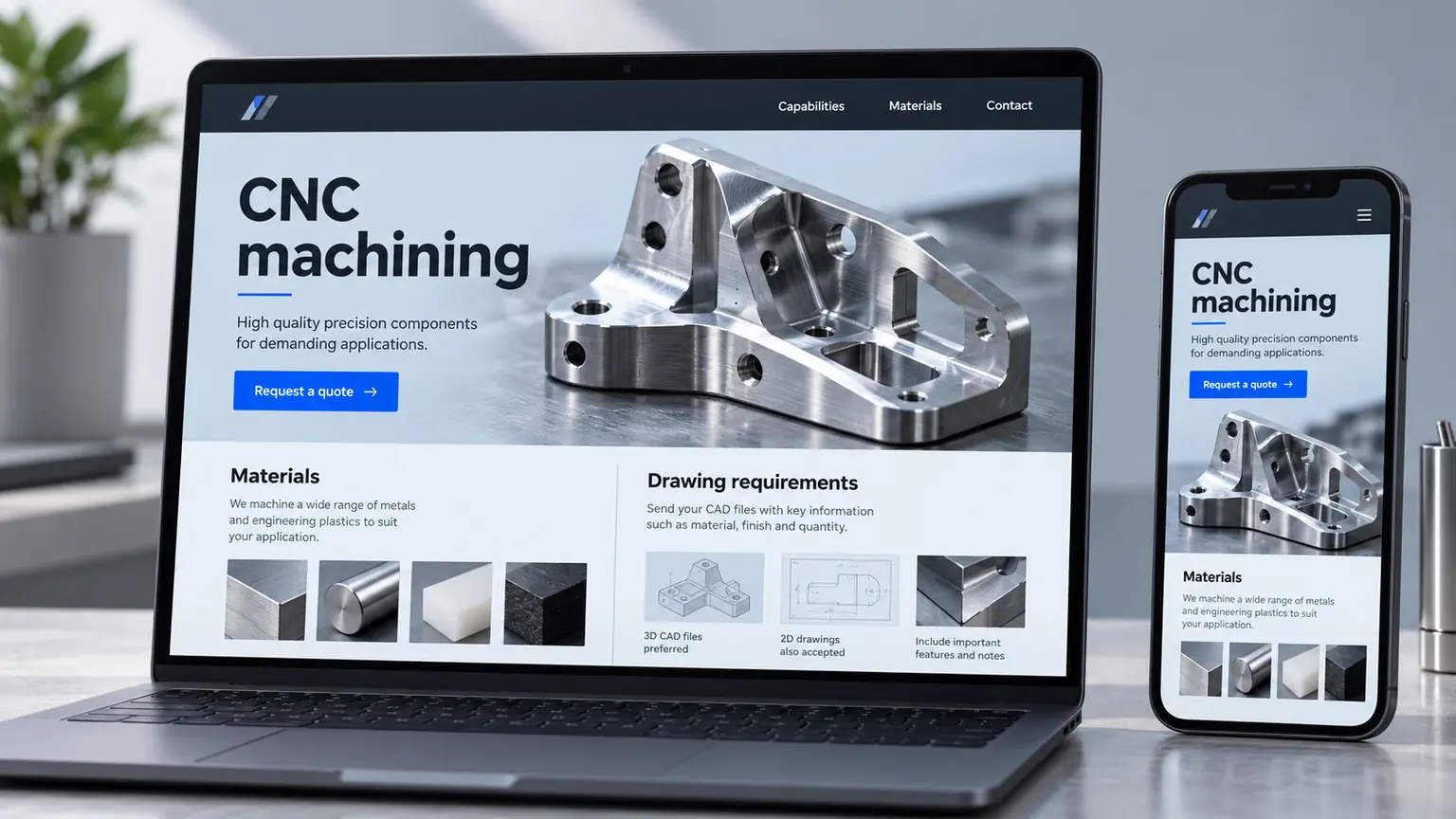 CNC apdirbimo paslaugos puslapio koncepcija nešiojamajame kompiuteryje ir telefone su medžiagomis, brėžinių reikalavimais ir kainos užklausos galimybe