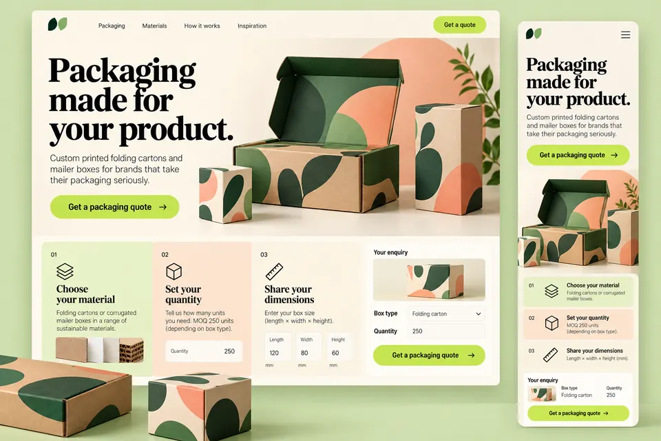 A landing page for custom packaging